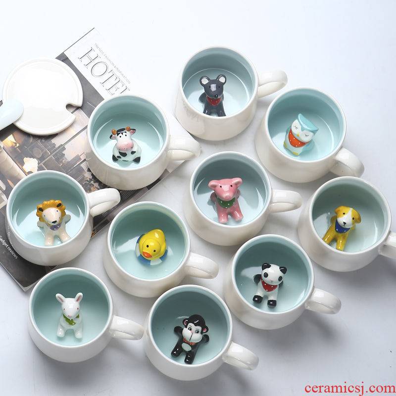 Creative ceramic keller with spoon, 3 d cartoon animals, lovely cup student couples cup of milk coffee cup
