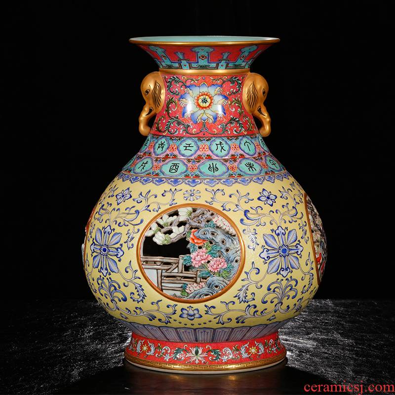 Yang Shiqi ceramic qianlong palace type and name pastel hollow - out medallion flowers lines like ears heart bottle