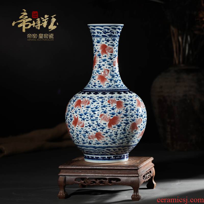 Jingdezhen ceramics imitation the qing qianlong blue - and - white youligong red fish grass flat bottles of new Chinese style sitting room adornment is placed
