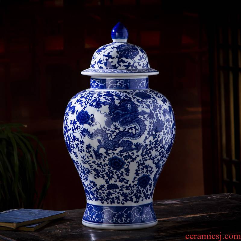 Jingdezhen ceramic general pot of blue and white porcelain vase furnishing articles Chinese antique pottery storage tank sitting room tea pot