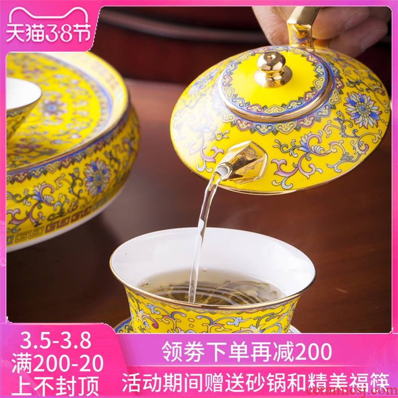 A complete set of kung fu tea set household ceramics enamel tureen teapot tea cup gift porcelain box set