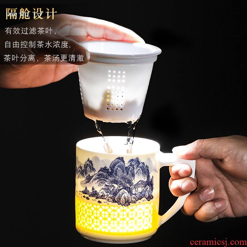 Jingdezhen porcelain linglong cup by hand with the filter tank high - capacity men home hand - made ceramic cups with cover