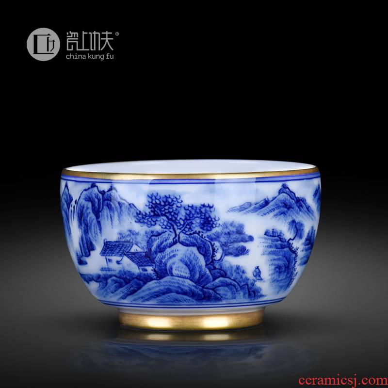 Jingdezhen blue and white landscape sample tea cup full manual pure hand - made master cup cup collection gifts kung fu tea set