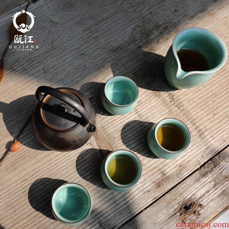 Oujiang longquan celadon kung fu tea set suit household of Chinese style ceramic tea tea set spring moonlit gift boxes