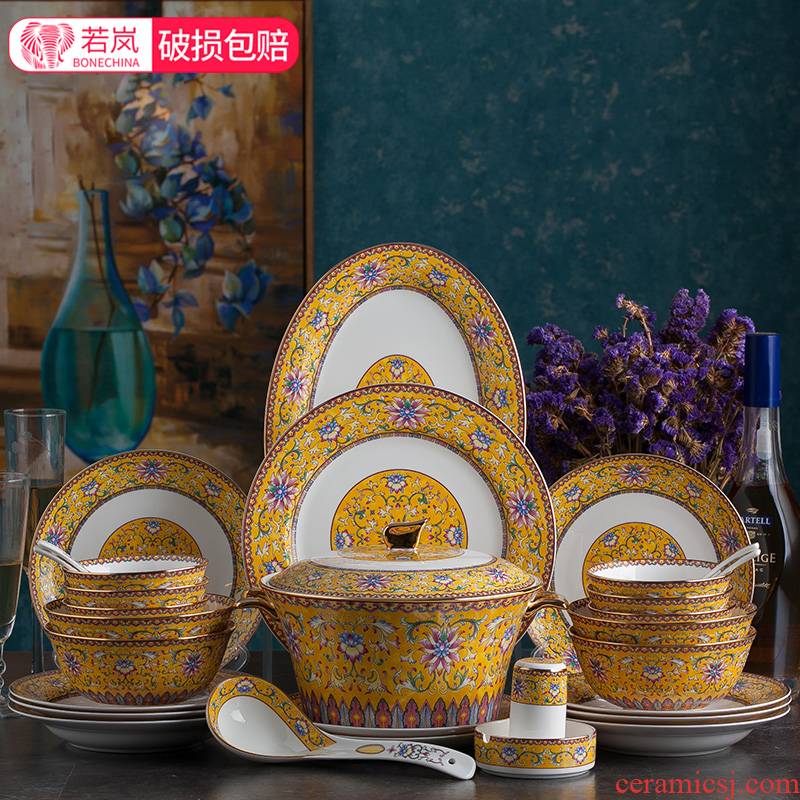 If the haze of tangshan ipads 60 pieces of colored enamel porcelain tableware suit home fete up phnom penh dish dish combination wedding gifts