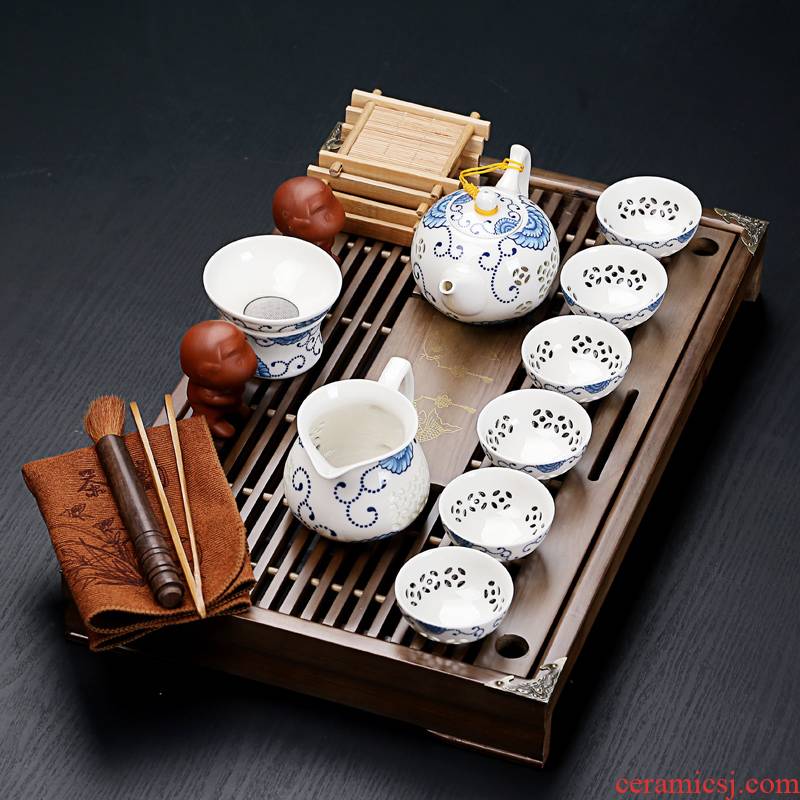 & old crack kung fu tea set, ceramic and exquisite ice solid wood drainage tea tray was small tea table office home outfit