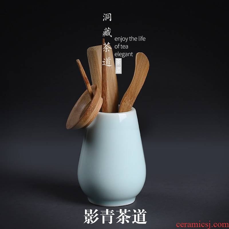 In building shadow oolong tea way 6 gentleman white porcelain tea sets accessories bamboo ChaGa tea spoon, ceramic tea tin