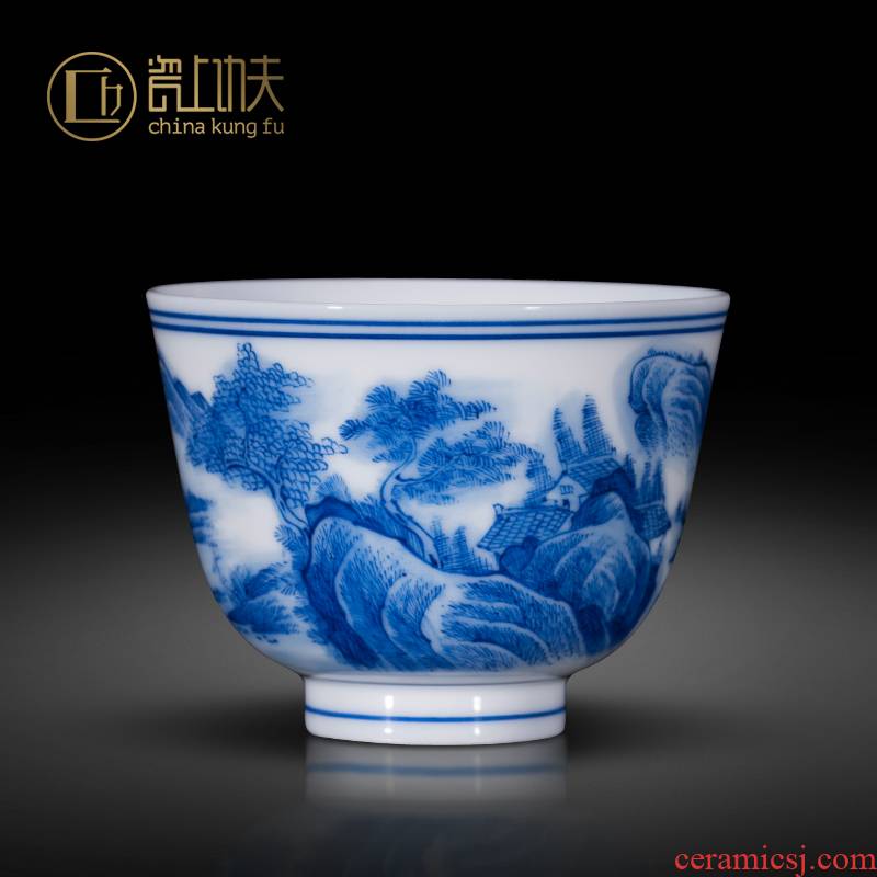 Jingdezhen blue and white hand - made ceramic kung fu tea cups landscape master cup single CPU jade mud sample tea cup small bowl