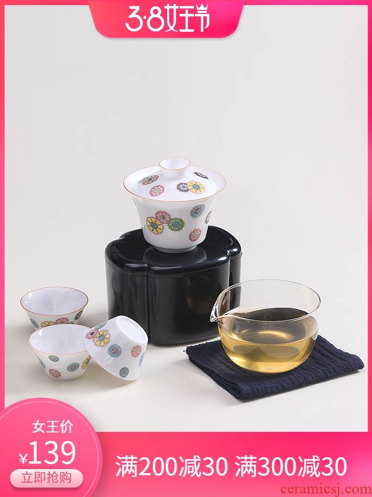 Jiangnan past dehua porcelain tureen tea cups kung fu jade ceramic tea set portable package 3 people travel tea set small suit