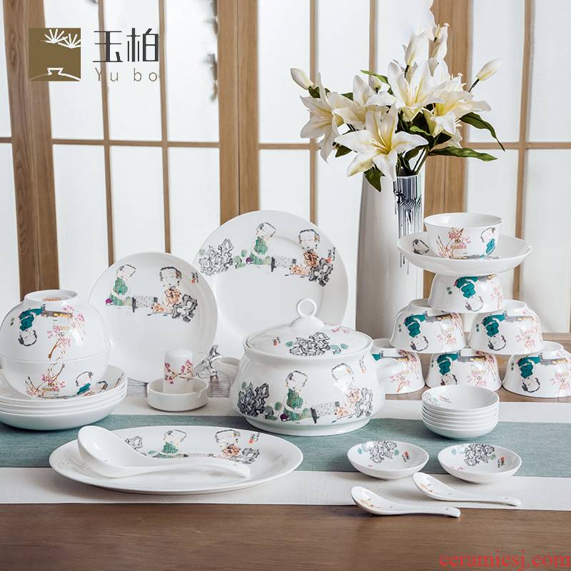Jade cypress jingdezhen ceramic tableware with Chinese style household gifts bare-bones 38 head suit to use the pastel ferro, figure"