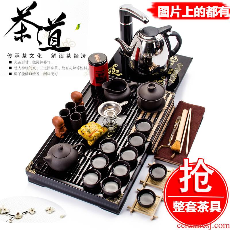 Kung fu tea set of household solid wood tea tray was special purple sand teapot cup ceramic glass tray with parts