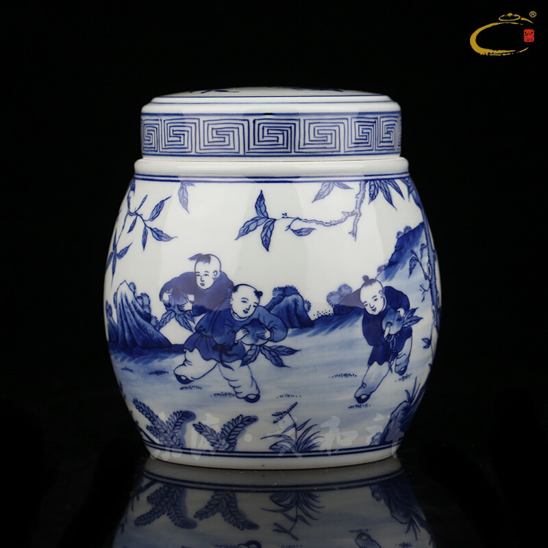 Jing DE and auspicious hand - made blue baby play peach as cans of jingdezhen ceramics by hand to wake tea loose tea tea gift box tank