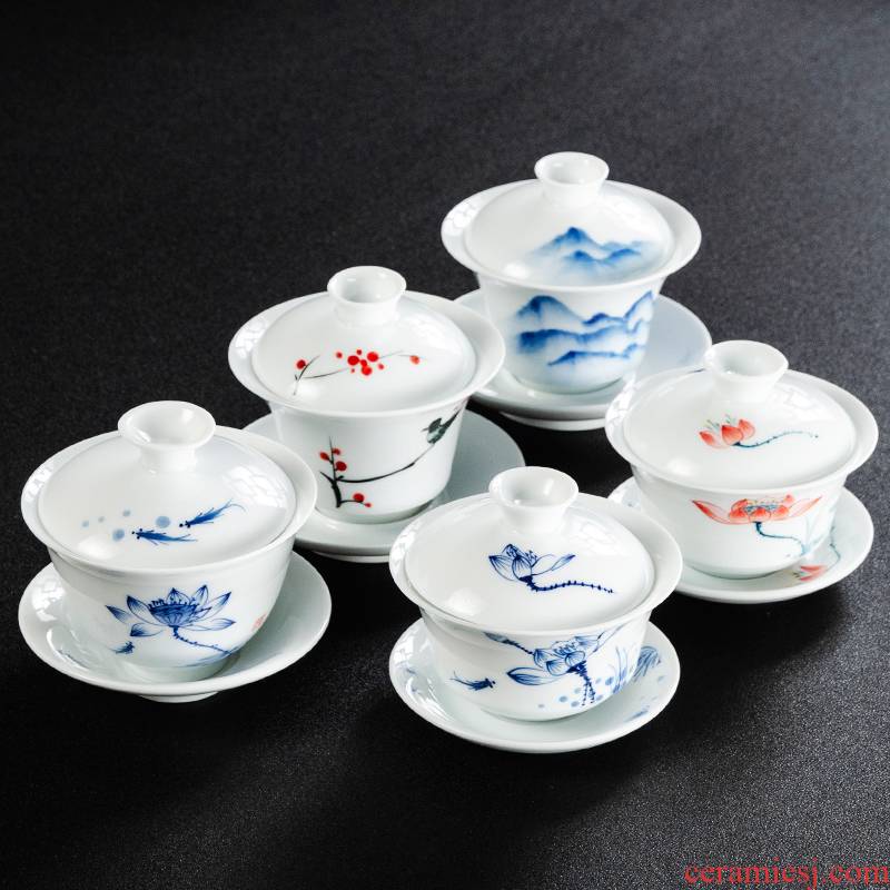 NiuRenDe turn white porcelain hand - made tureen ceramic cups kung fu tea set large single three tea bowl to bowl