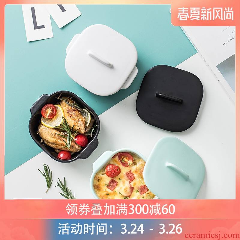 Northern wind ins ceramics with cover ears baking cheese baked baking bake bowl bowl of household microwave oven use