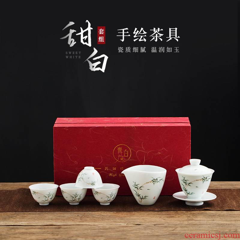 Earth story jingdezhen bamboo kung fu tea set suits for under the pure hand - made glaze color ceramic tureen of a complete set of tea cups