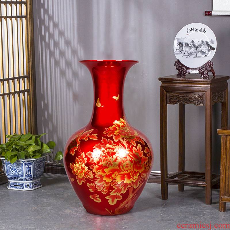 Jingdezhen ceramics China red crystal glaze of large vases, modern living room home decoration handicraft furnishing articles