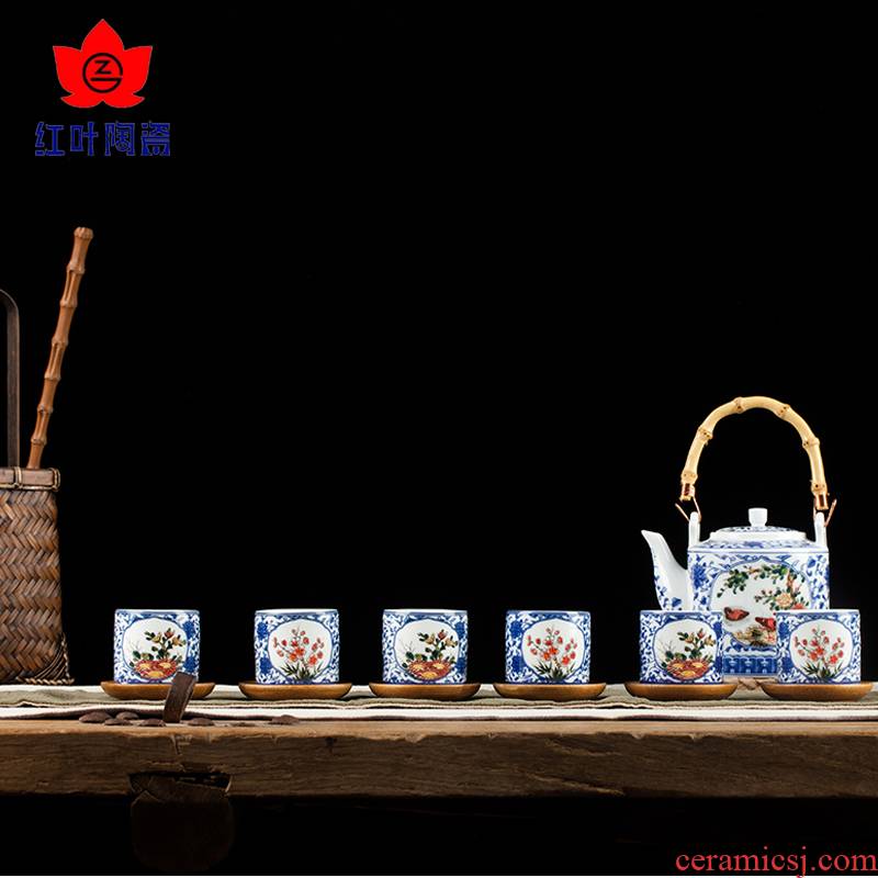 Red leaves jingdezhen kung fu tea set tea service of a complete set of the teapot teacup blue and white porcelain flower fair keller with a silver spoon in its ehrs expressions using