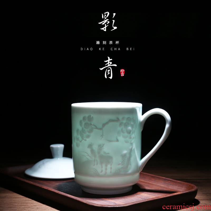 Jingdezhen shadow blue its ceramic cups with cover and retro hand - made office cup household glass tea cup