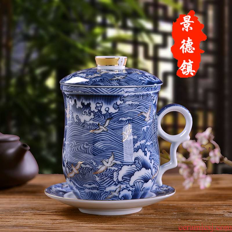 Office of jingdezhen ceramic cup blue and white porcelain paint home Office tea cup with lid filter glass gift mugs