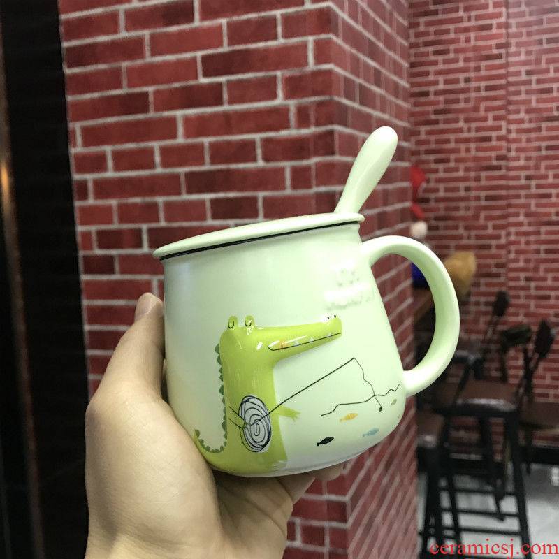 Han edition express cartoon dinosaur crocodile, anaglyph ceramic mugs girl children spoon breakfast milk cup with cover