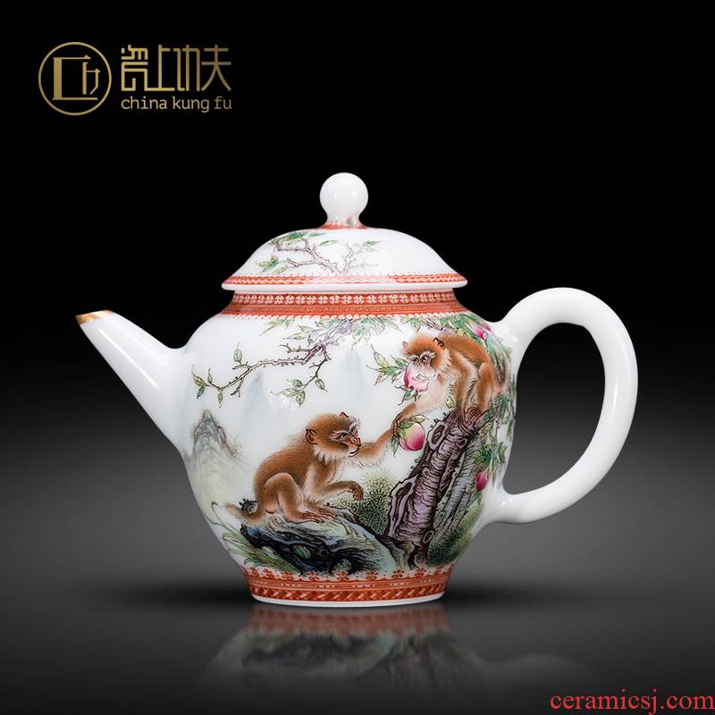 Jingdezhen ceramic kung fu tea kettle colored enamel hand - made monkey peach handwork ewer gifts