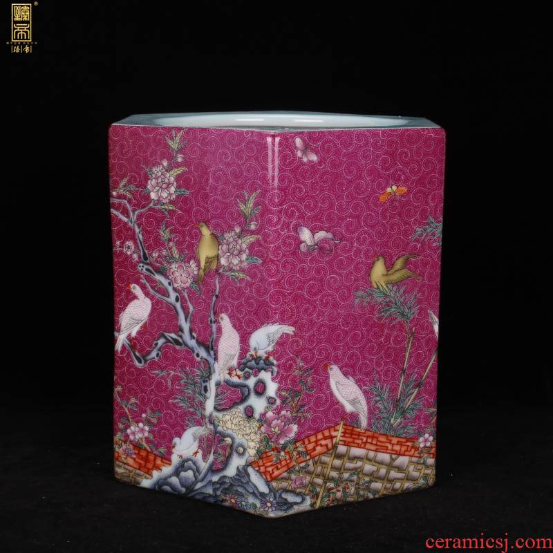 Archaize of jingdezhen porcelain yongzheng colored enamel painting of flowers and the six - party big brush pot pen sea Chinese four desk office furnishing articles