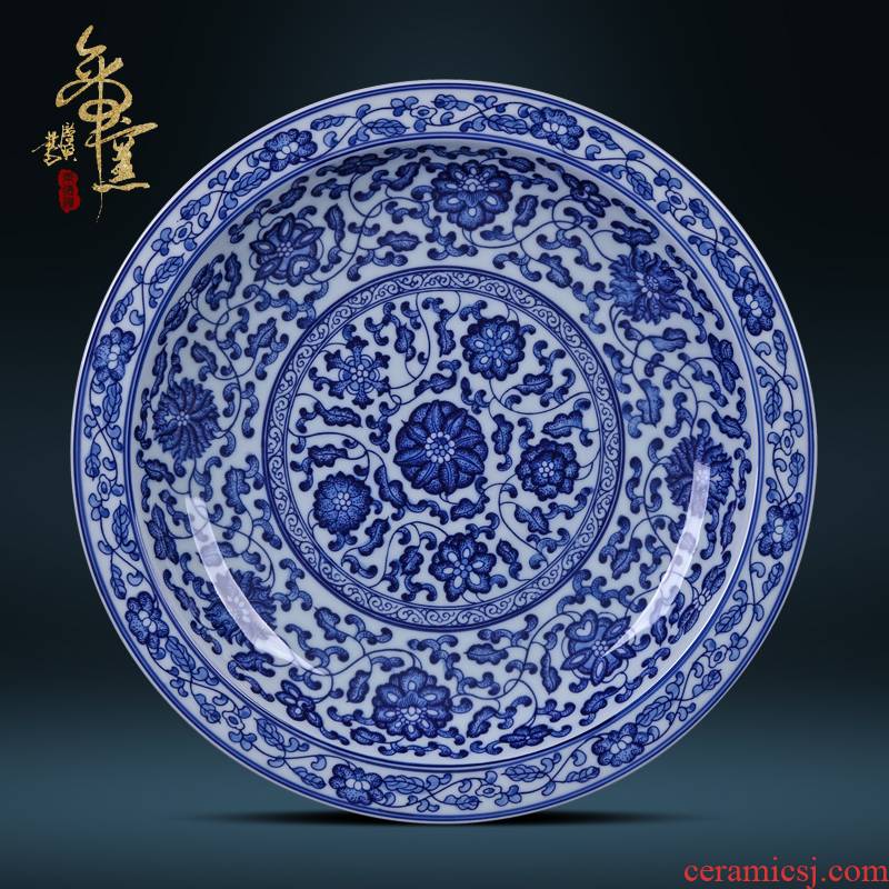 Jingdezhen ceramic decoration plate sit plate hanging dish special hand - made antique blue and white lotus flower porcelain crafts