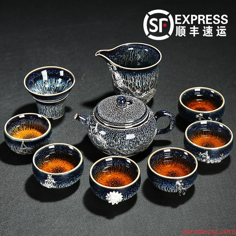 Obsidian change coppering. As silver tureen teapot red glaze, a complete set of ceramic glaze Japanese kung fu orchid tea set silver cups