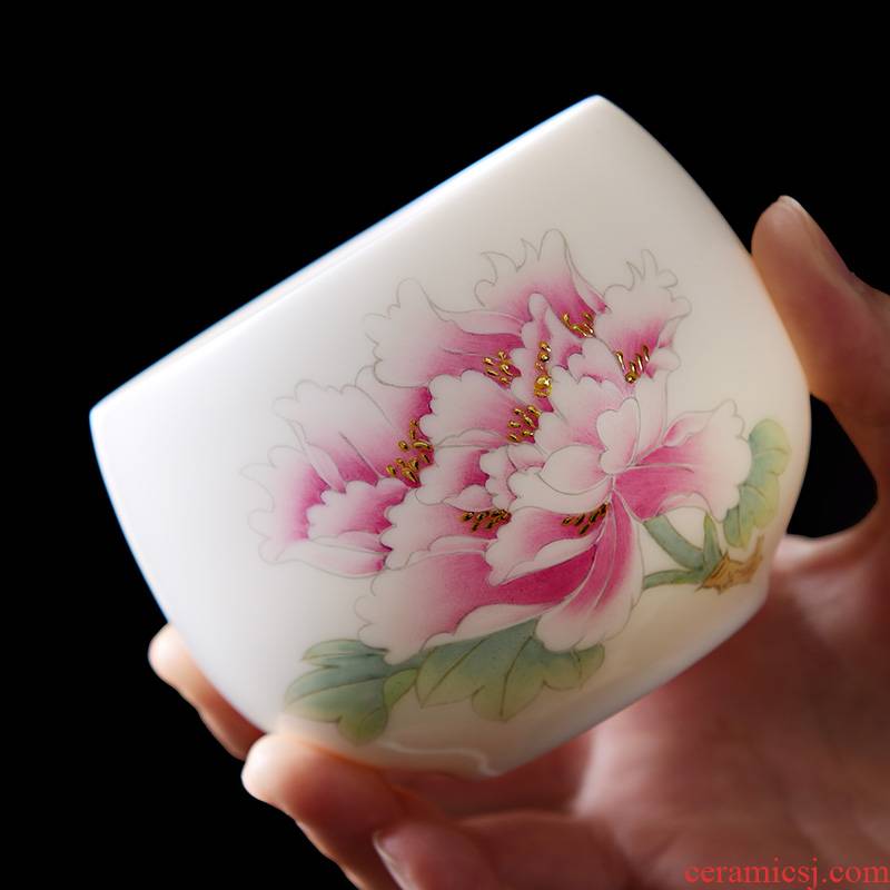Dehua white porcelain hand - made teacup suet jade tea spot gold, kung fu tea master cup of pure manual sample tea cup single CPU