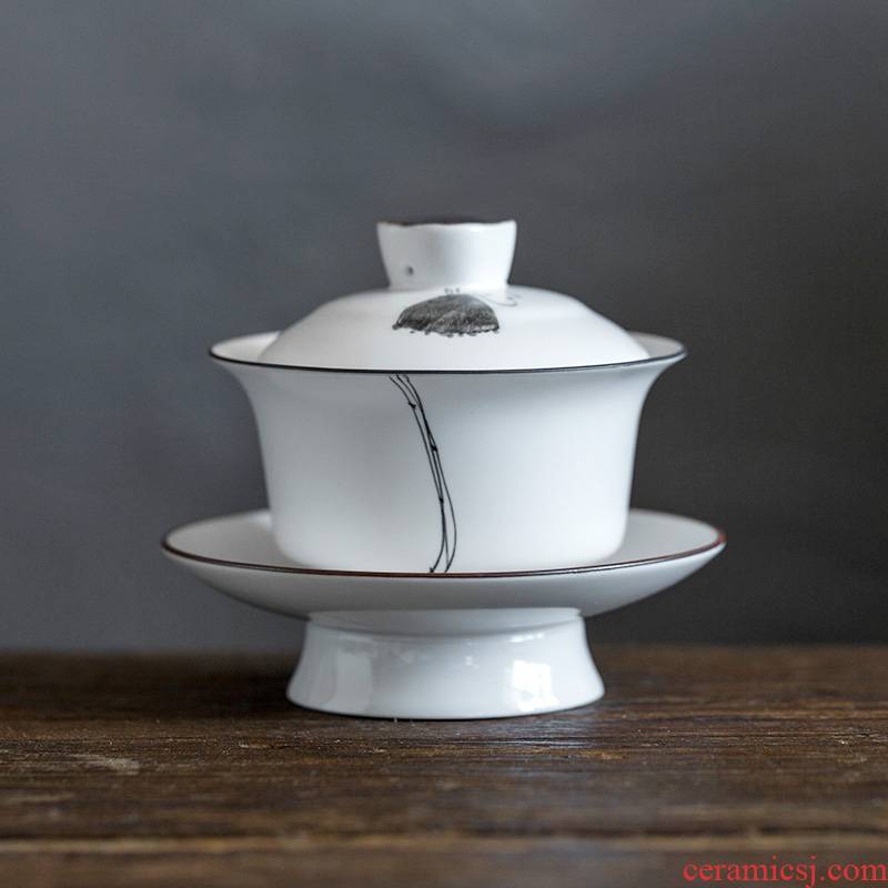 Jun ware hand - made tureen household ceramic cups kung fu tea set large white porcelain tea cover cup bowl lotus three
