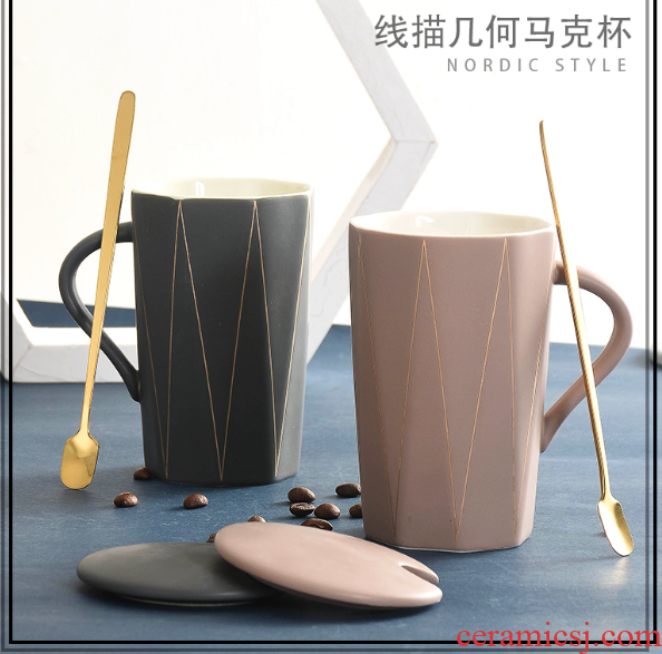 Ins ou mark cup with cover spoon individuality creative trend lovers mugs home children coffee cup
