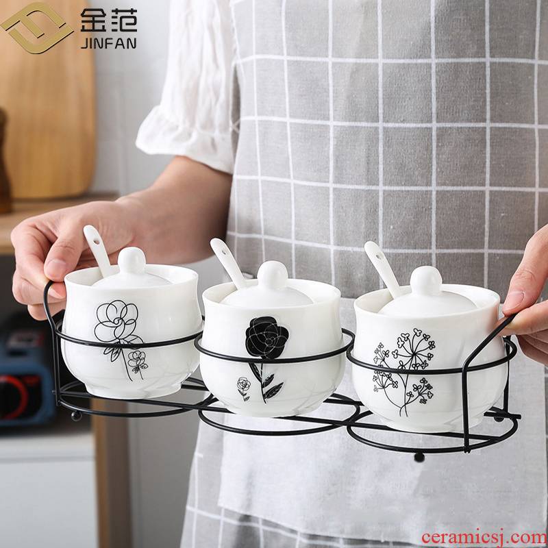 Ceramic seasoning jar of boreal Europe style kitchen utensils, black shelf caster household salt shaker three suits for
