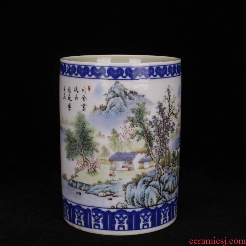 Jingdezhen bucket color peach blue tie up branch lines landscape brush pot Chinese style desk supplies four decorative furnishing articles