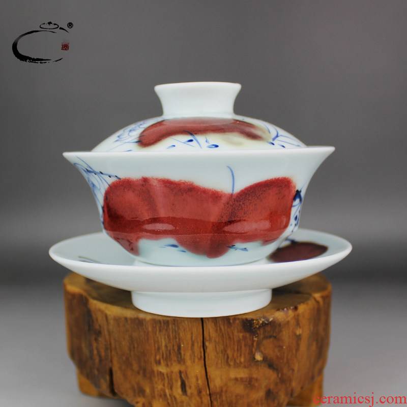 And only blue And white youligong auspicious lotus three tureen jing DE hand - made teacup, jingdezhen ceramic bowl cover cup