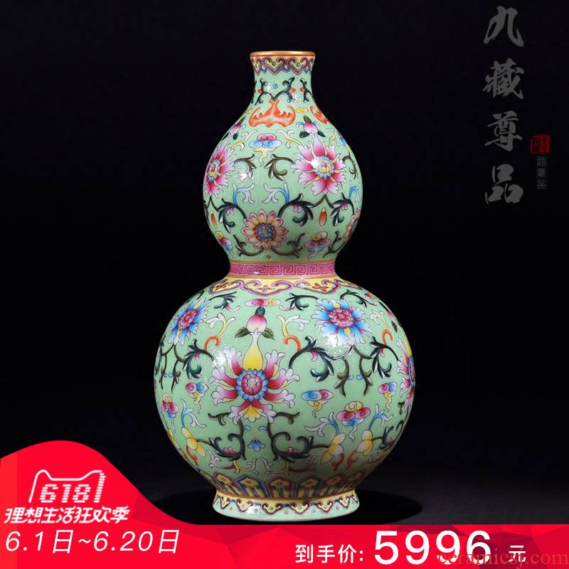 Jingdezhen ceramics antique hand - made grilled green pastel flower lotus flower vase bottle gourd crafts are sitting room