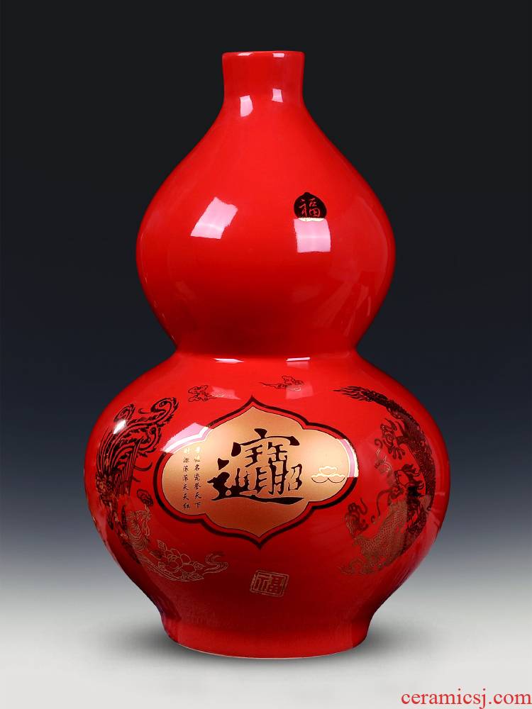 Jingdezhen ceramic vase furnishing articles Chinese red a thriving business big gourd flower arranging flower implement modern home decoration
