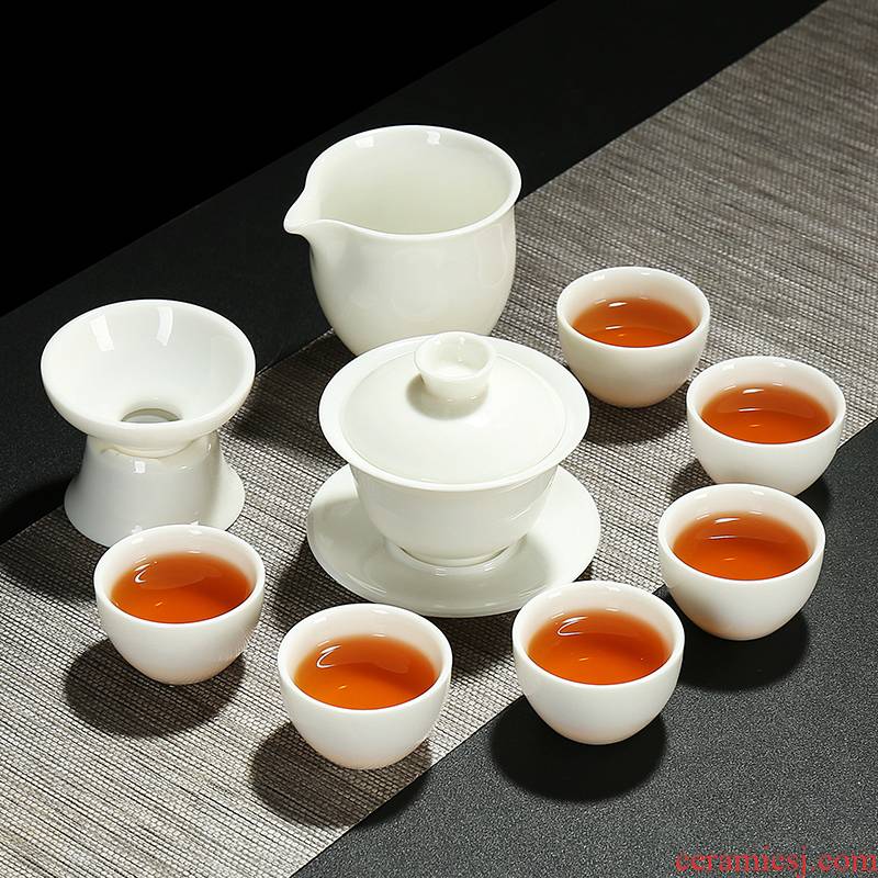 Chinese white porcelain kung fu tea set jade suit dehua porcelain teapot teacup ceramic tureen filtering the whole household gift box