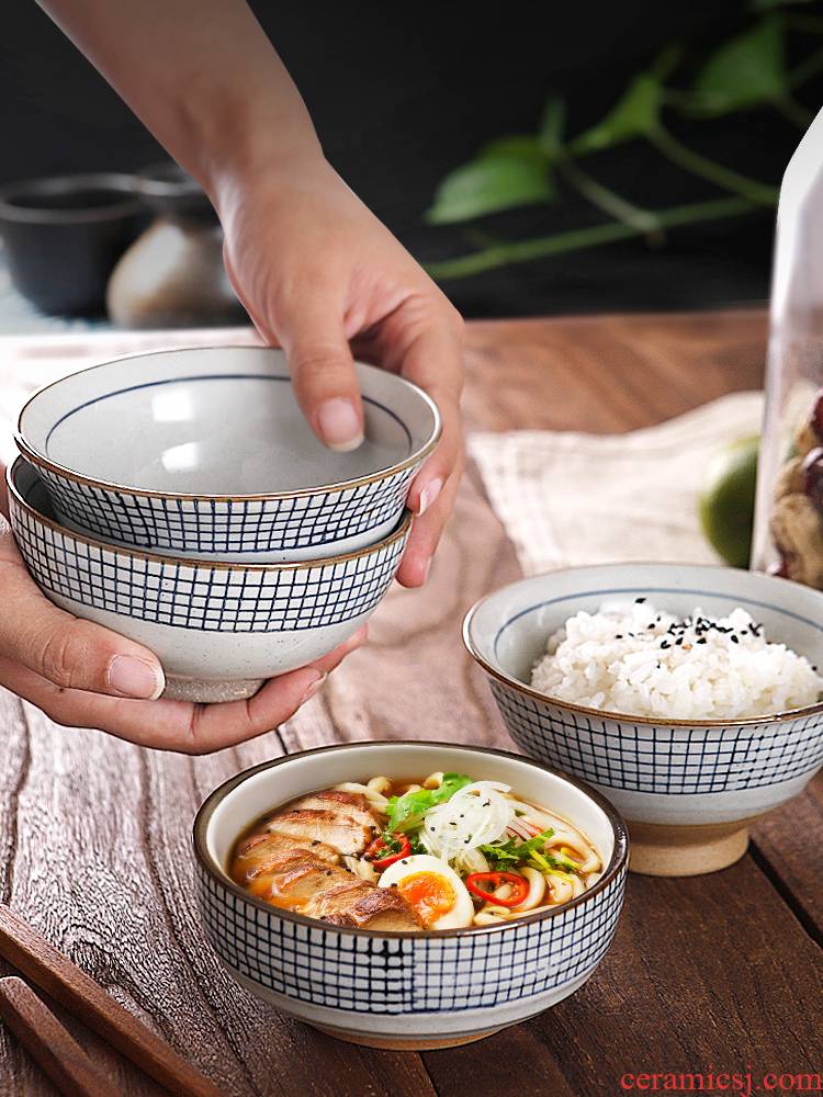 Three ceramic bowl a single tall bowl, Korean checked household utensils noodles bowl of soup bowl of creative move