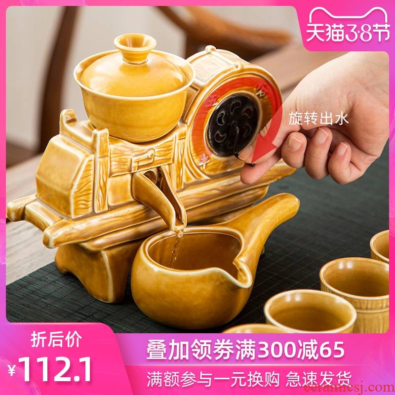 Creative retro drum machine semi automatic tea set suit household lazy people make tea ware ceramic kung fu tea pot