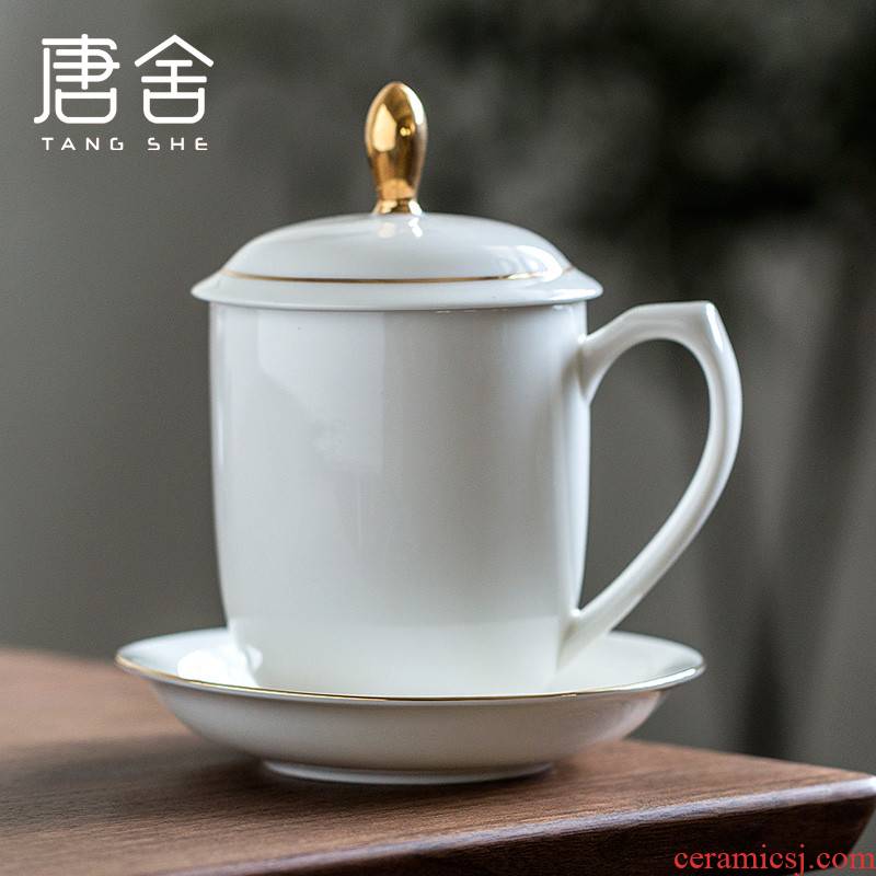 Tang's general cup of dehua porcelain ceramic cups office jade cup large household with cover white porcelain cup and meeting the boss
