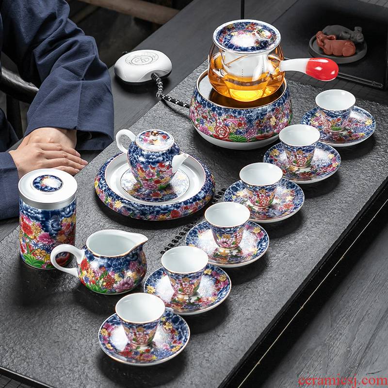 Really sheng tea set household enamel kung fu tea, silver cup teapot ceramic gifts gift boxes