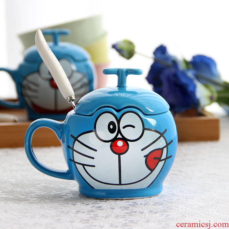 A Warm harbor "with cover with A spoon," doraemon jingle cats creative cartoon glass ceramic keller cup