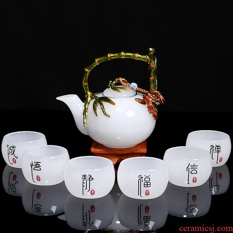 The Big white jade teapot household porcelain tea cups filter manual colored enamel teapot kung fu tea glass gift set