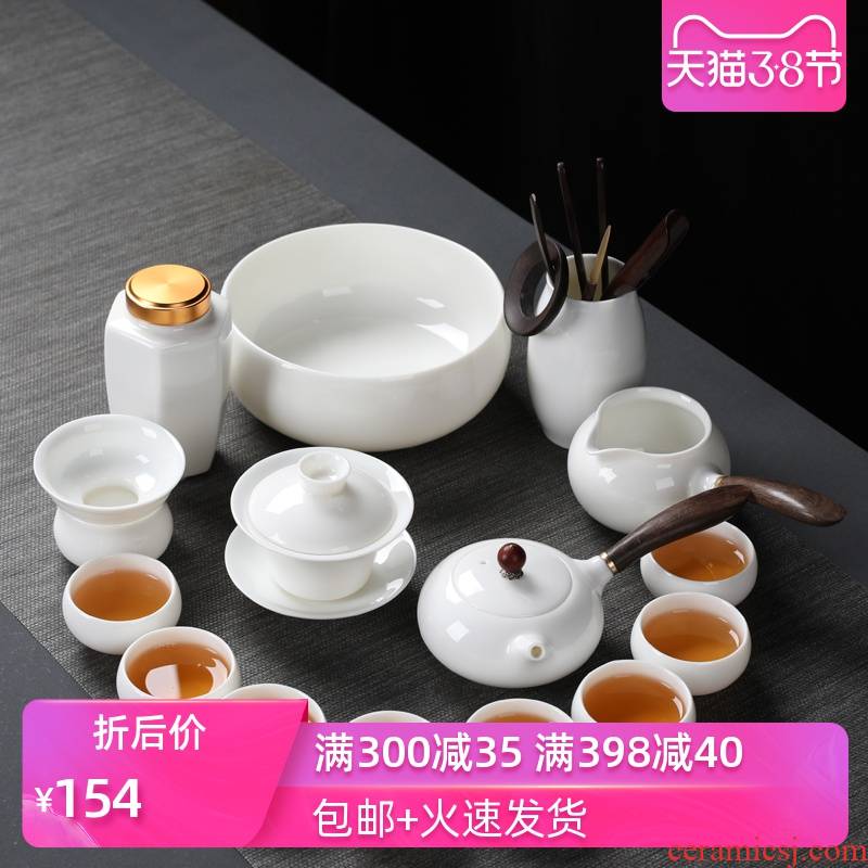 Poly real (sheng suet jade porcelain kung fu tea set tea tray dehua white porcelain tureen teapot teacup contracted household