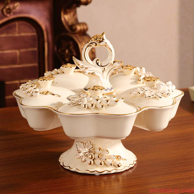 Key-2 Luxury European - style fruit bowl high - grade ceramic creative spin dry fruit tray frame with cover home sitting room tea table furnishing articles
