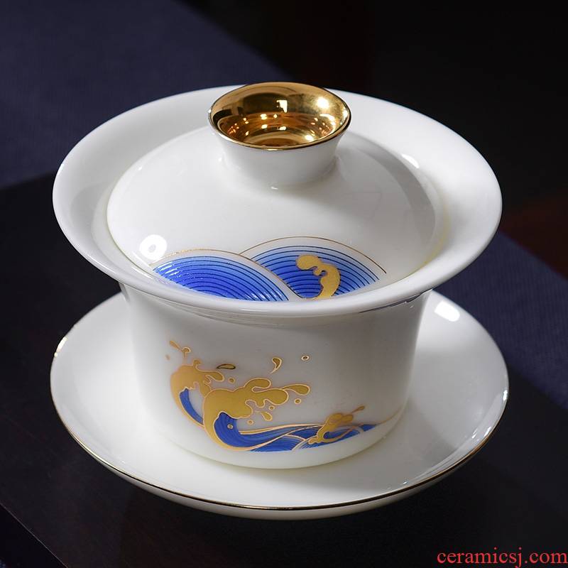 Laugh, dehua suet jade white porcelain household kunfu tea tureen creative tea tea bowl only three tureen