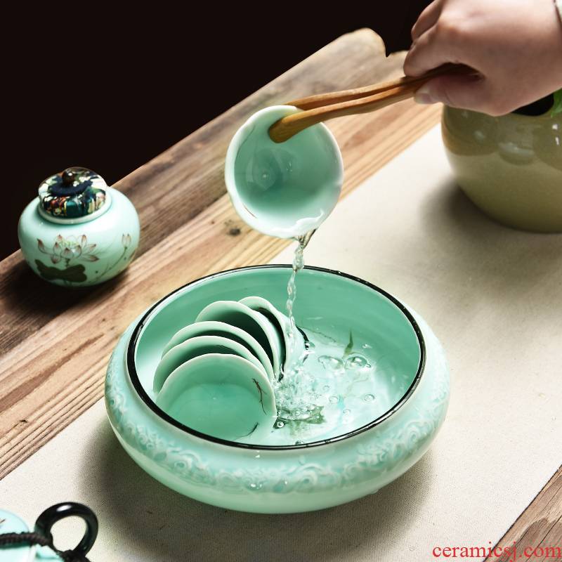 Longquan celadon hand - made mud seal large tea to wash to the writing brush washer for wash basin of wash water jar ceramic household kung fu tea accessories