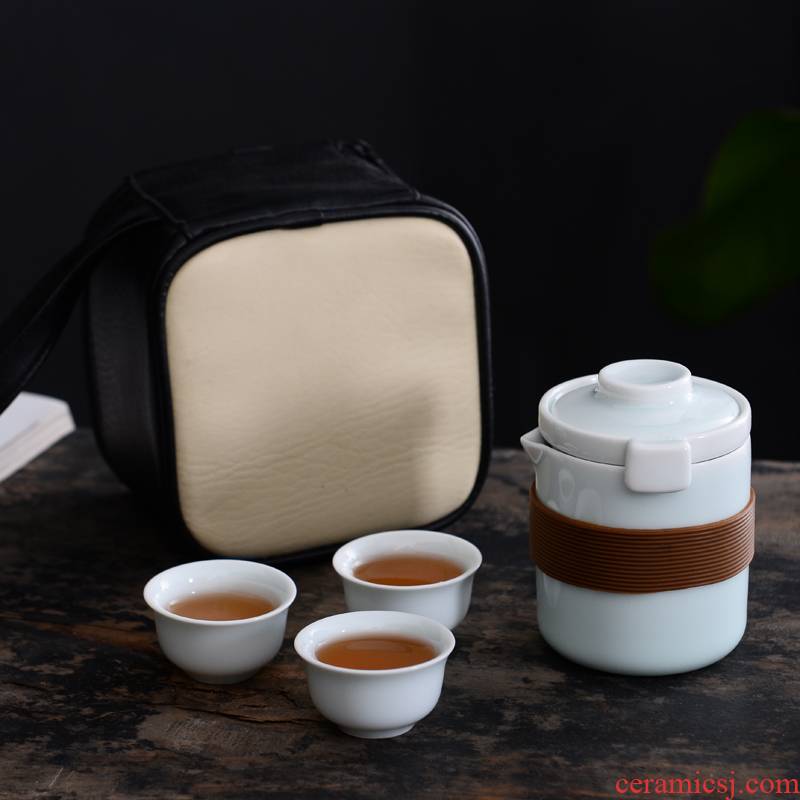 Kung fu tea set simple portable celadon travel package crack cup a pot of 2 cup is suing filtering cup suit the teapot