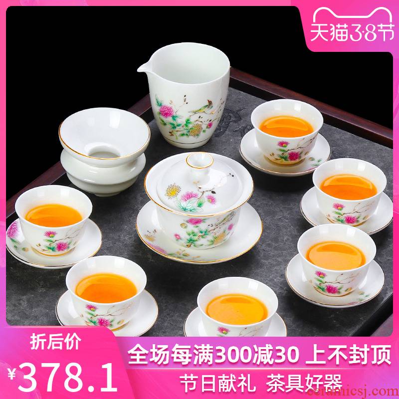 Suet jade porcelain tea set household white porcelain tea set the see colour ceramic kung fu tea cups tureen the whole
