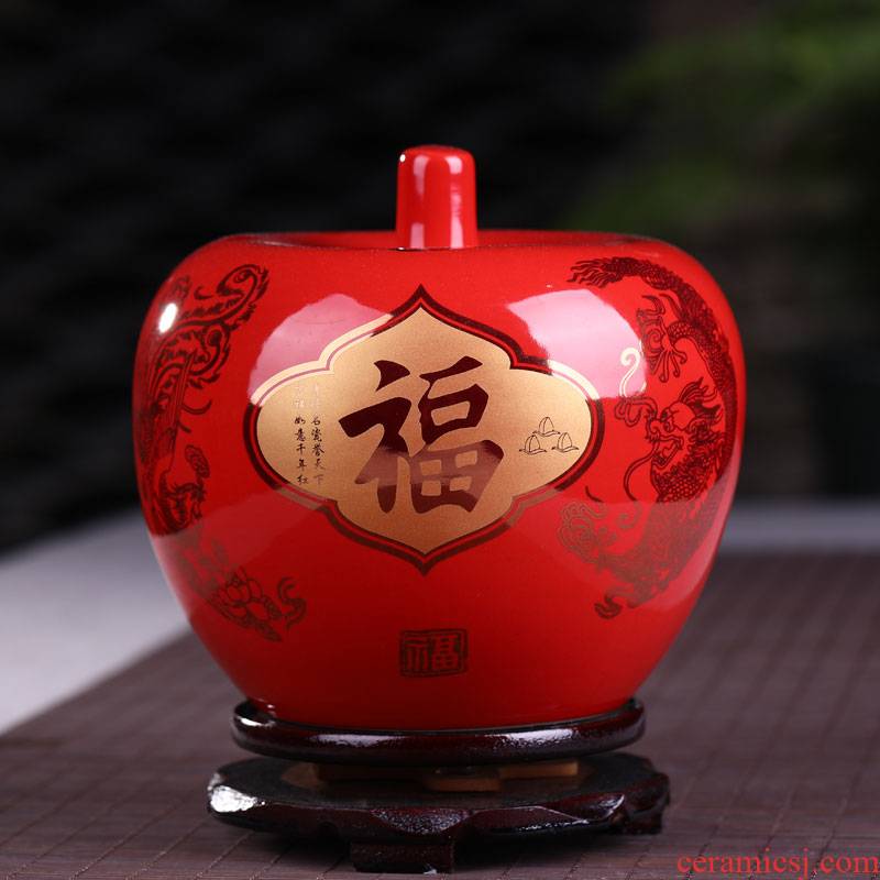 Jingdezhen ceramic storage tank with cover pot large Chinese red home sitting room adornment is placed a wedding gift